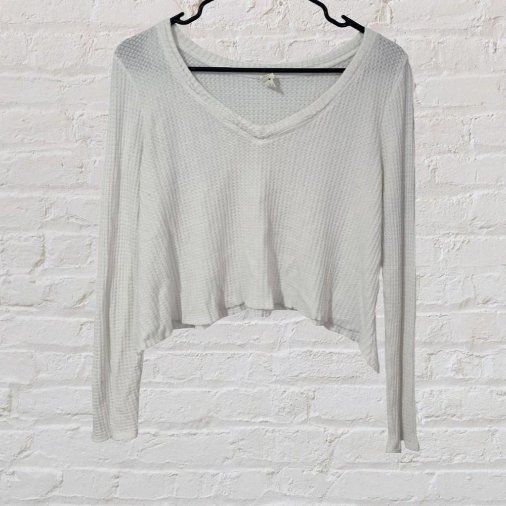 Lazy Sundays White Waffle Knit Long Sleeve Crop Top Size Small